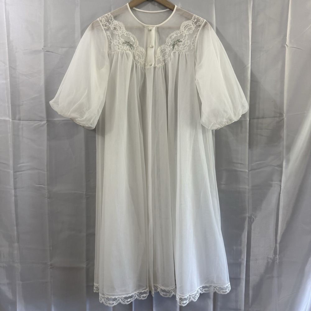 Vintage ShadowLine Robe Innocent Sexy Bride White Sheer S Negligee Peignoir
